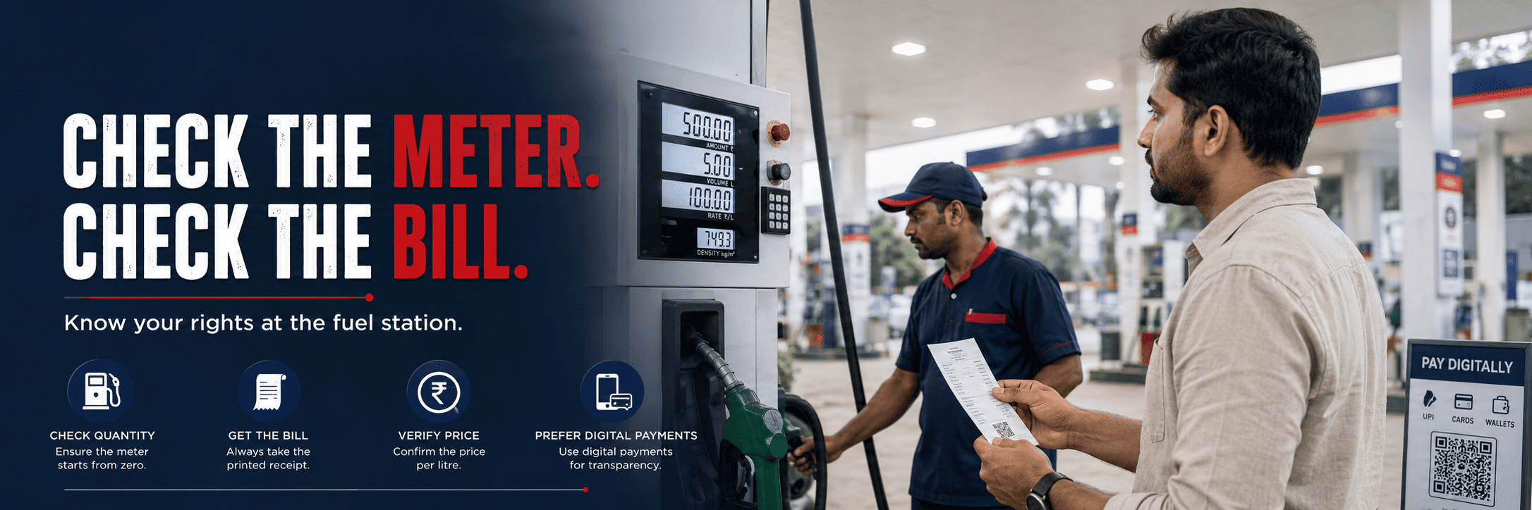 Check the meter, check the bill petrol station campaign